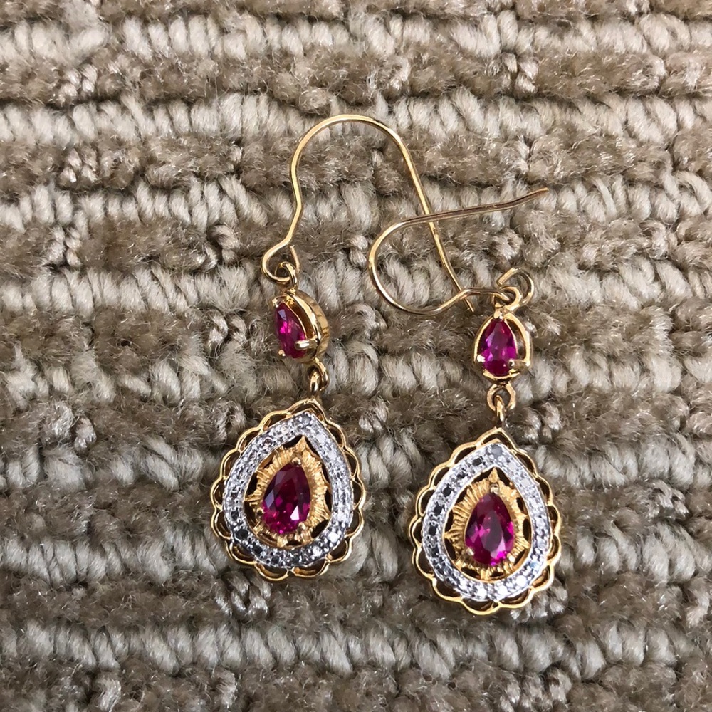 NWOT. Beautiful ruby earrings 14 k plated gold
